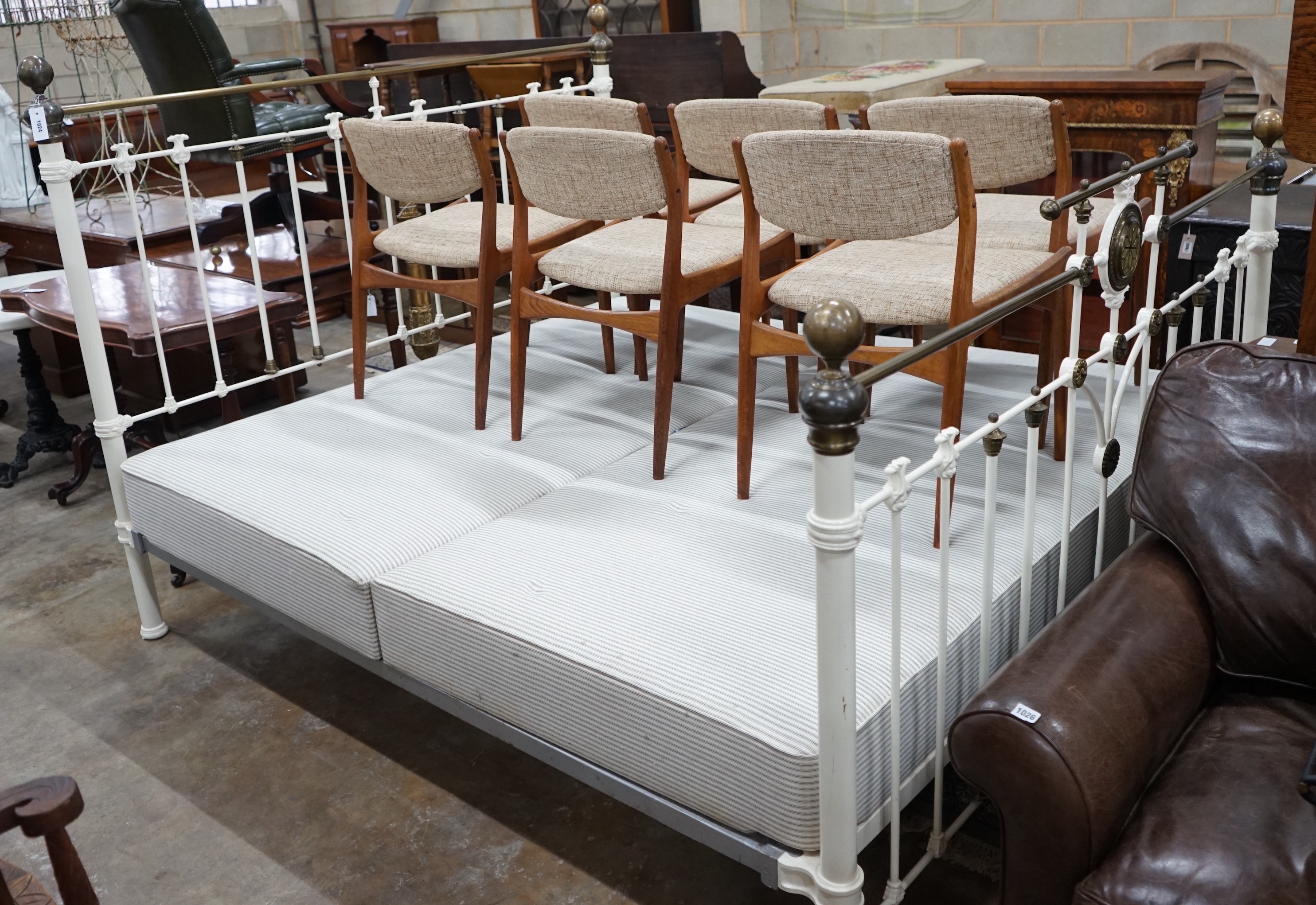 A Victorian style brass and painted metal superking size bed frame with divan base, width 190cm, length 210cm, height 146cm